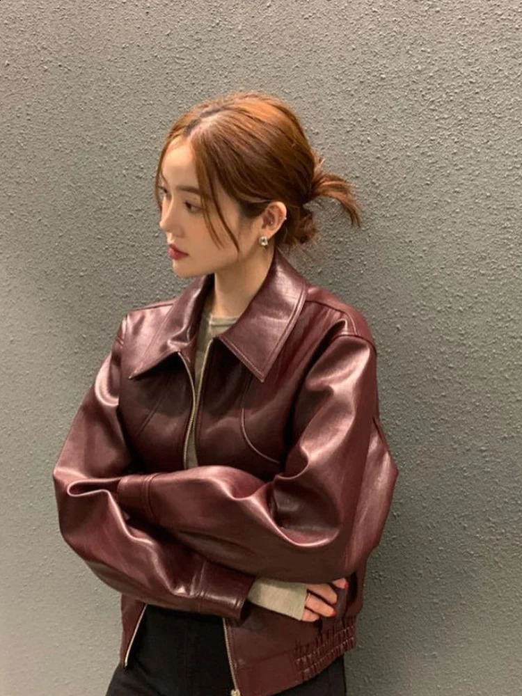 Women Fashion Solid Pu Leather Zipper Coat Retro Turn Down Collar Long Sleeve Outwear 2024 Autumn Female Chic Motorcycle Jackets 250107