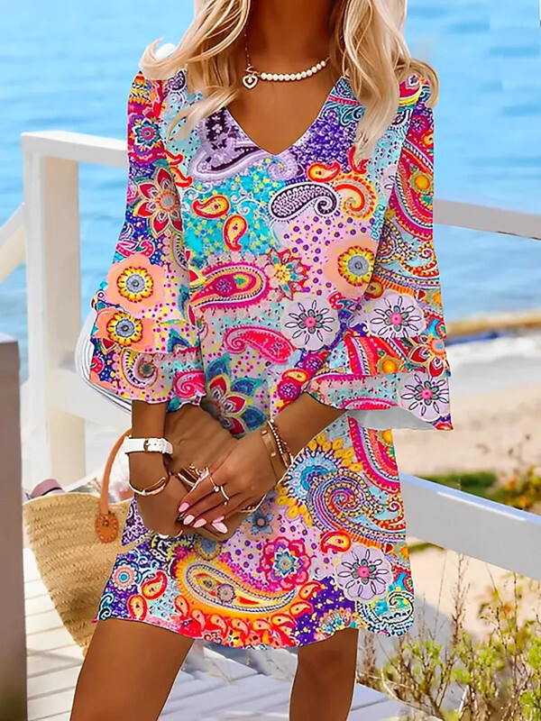 Summer 2025 New Designer Quarter Sleeve Ruffle V-neck Colorful Printed Dress For Women's Beach Skirt