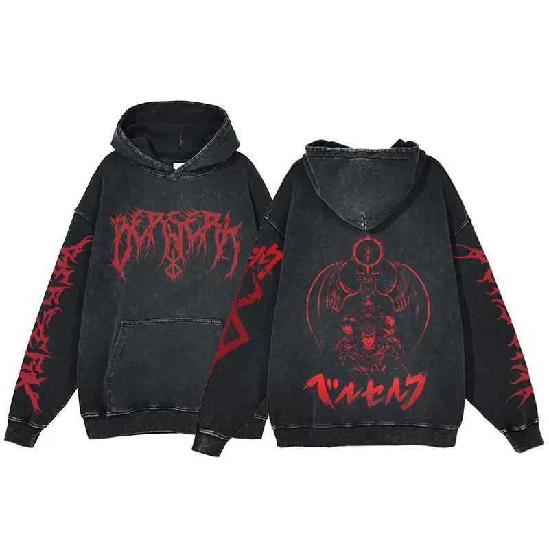 Berserk Anime Acid Washed Hoodie Mens Clothing Vintage Cotton Hoodies Women Hip Hop Hooded Sweatshirts Y2K Clothes Oversized W250117