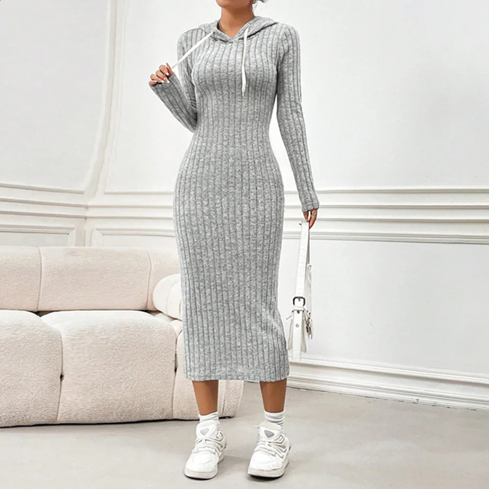 Women Elegant Bodycon Knit Dress Autumn Winter Hooded Turtleneck Temperament Slim Long Sleeve Solid Ribbed Long Dress Streetwear 250122