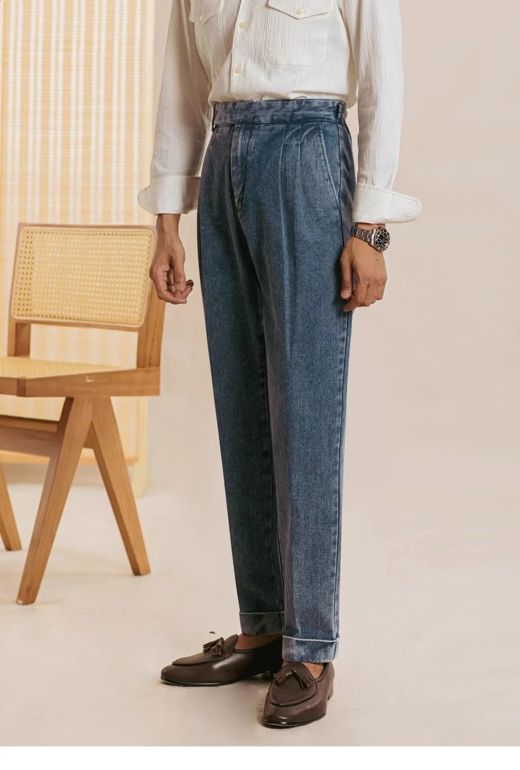 Double Pleat Jeans Men Naples Pants Wash Cotton Loose Straight Trousers Spring Autumn Fashion England High Waisted Denim Pant 250120