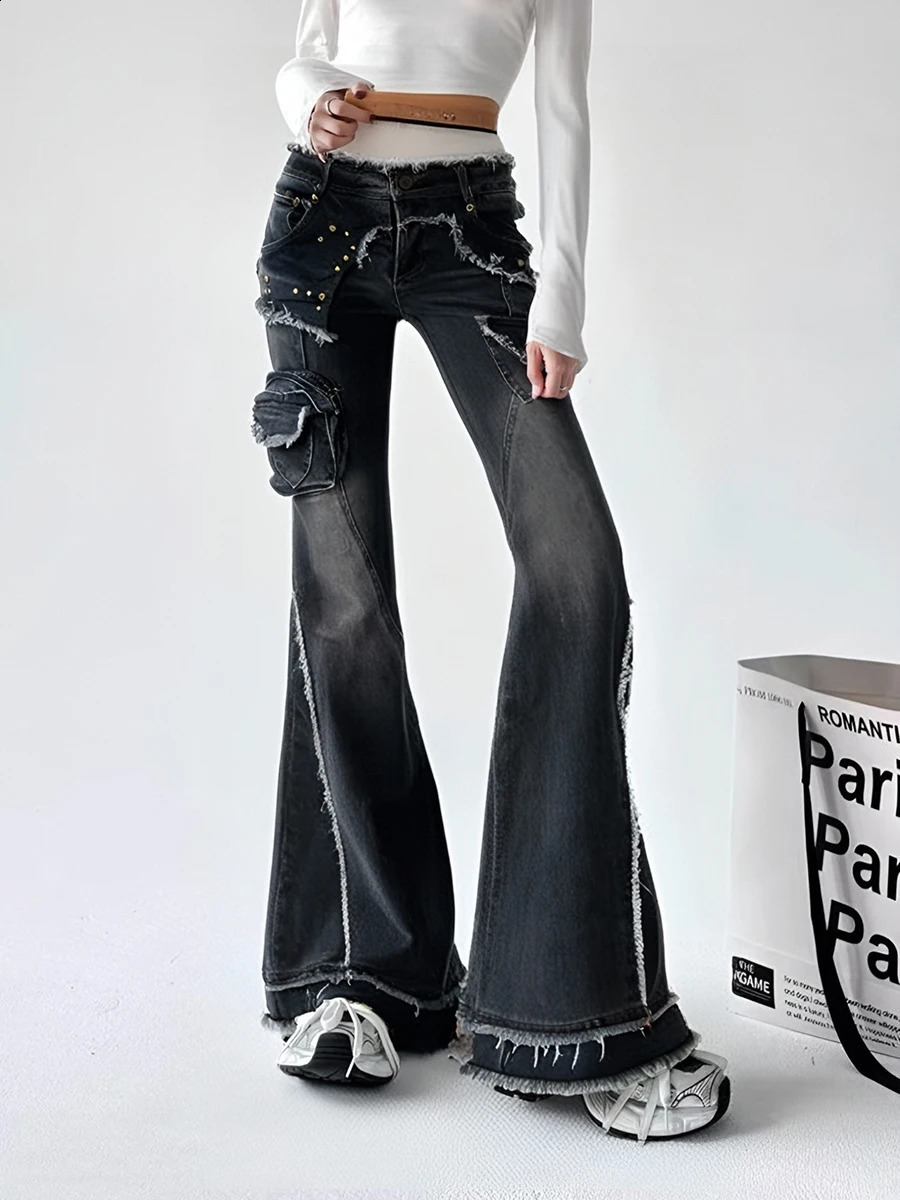 Womens Black Gothic Jeans Y2K Cargo Baggy Flash Japanese Harajuku Streetwear Aesthetic Vintage 90s Jeans Trouser Clothing 2025 250109