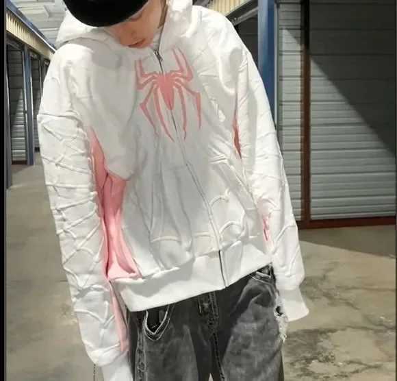 Y2k Anime Zipper Hoodie Mens Spider Web Pattern Red Hoodie Gothic Harajuku Super Large Hoodie Fashion Sportswear Clothing W250117