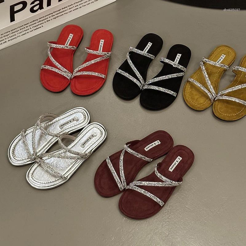 Sandals 2025 Summer Crystal Narrow Strap Gladiator Women's Low Heel Mujer35-40 Glitter Rhie Schoenen Women hurenlakeshoes hurenlakeshoes