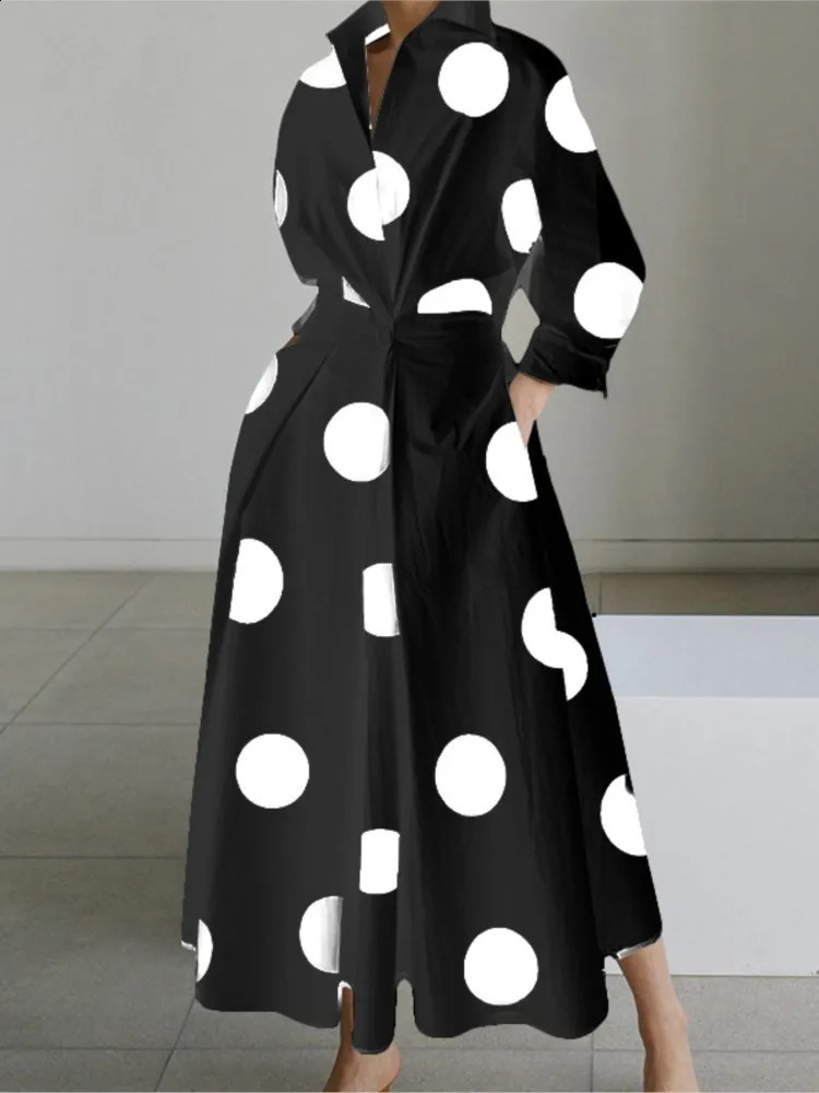 Autumn Dress Long Sleeve Dot Print Elegant Maxi Dresses For Women 2024 White Casual V Neck Shirt Party Robe Femme 250110