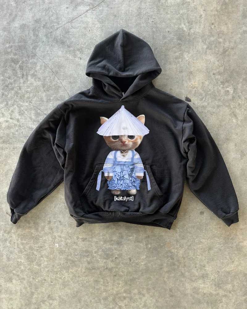 American Fashion Casual Mens Hoodie Y2K Harajuku Retro Cartoon Cat Print Street Gothic Trendy Loose Couple Sweater Womens W250117