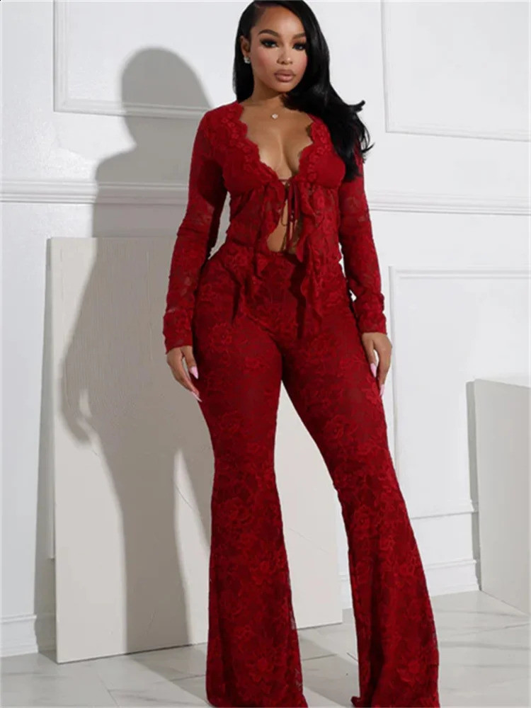 Nwe Spring Fall Lace Womens Sets Long Sleeve Sexy Bandage Top and Flared Pants 2025 Loose Red Clubwear Two 2 Piece Set Outfits 250120