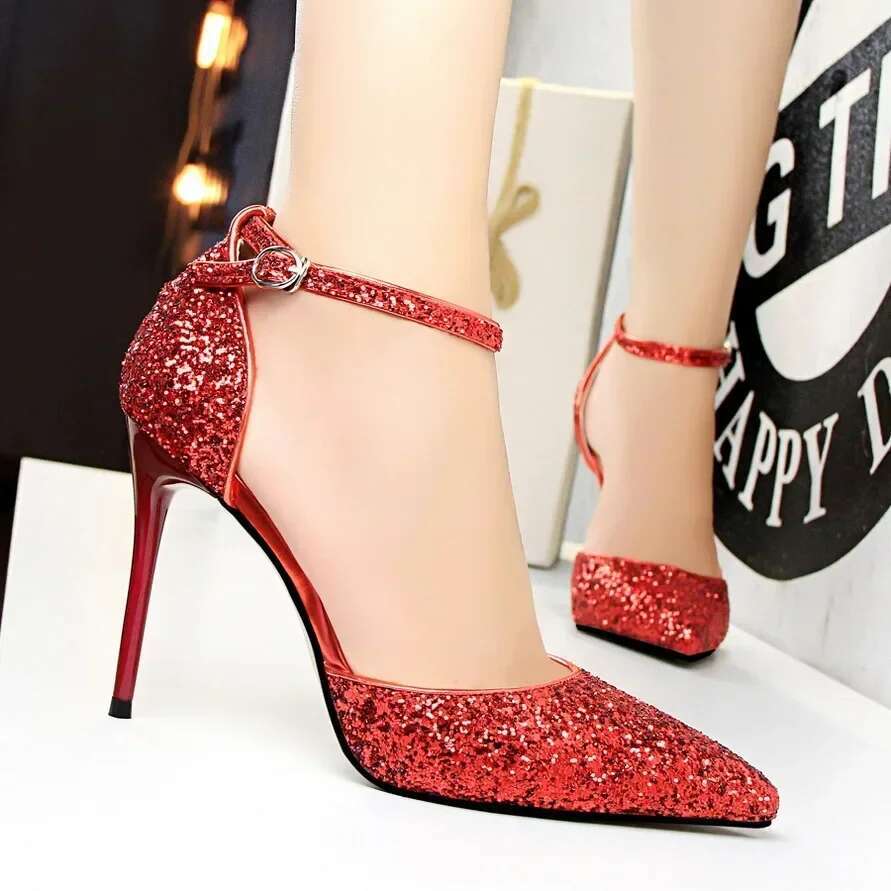 Women Glitter Sequin Fetish Ankle Strap 9.5cm High Heels Sandals Lady Party Gold Red Stiletto Wedding Bridal Dress Pumps