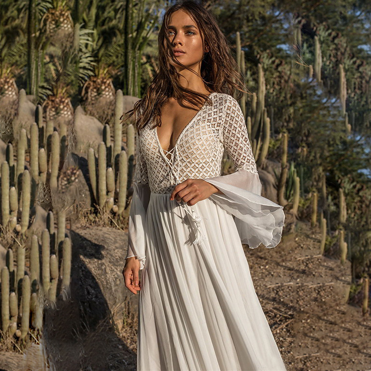 2025 New Designer Women's Lace Hollow Horn Sleeve Beach Vacation Long Dress Bikini Cover Sexy Sunscreen Shirt Beach Skirt