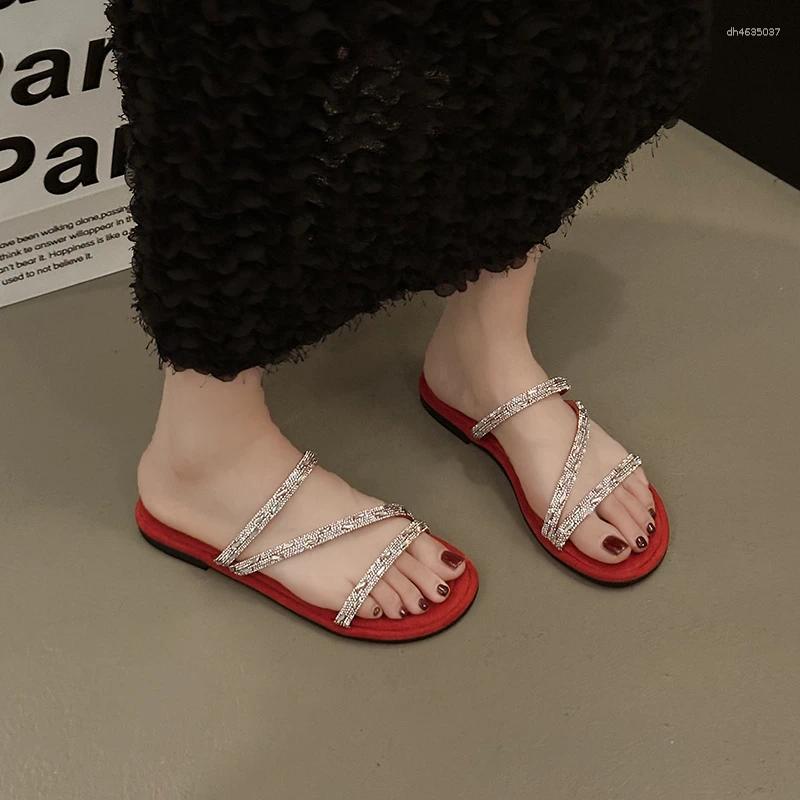 Sandals 2025 Summer Crystal Narrow Strap Gladiator Women's Low Heel Mujer35-40 Glitter Rhie Schoenen Women hurenlakeshoes hurenlakeshoes