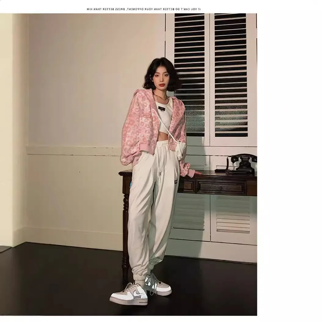 Leopard Print Cardigan Sweater Pink Crop Top Hoodie Ladies Leopard Jacket Loose-Fit Vintage Hooded Sweatshirt Cardigan for Spring/Autumn