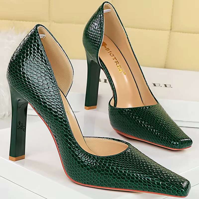 Women 11cm High Pumps Square Toe Green Pink Heels Lady Serpentine Patent Leather Wedding Evening Party Shoes
