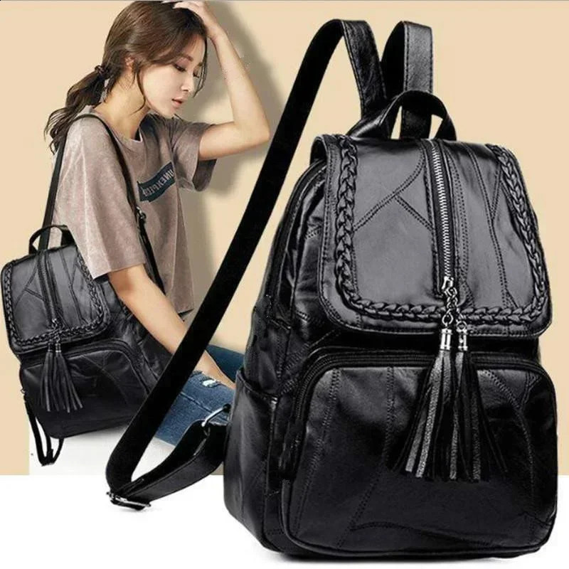 Large Capacity Backpack Casual Womens Backpack PU Tassel Fashion Versatile Trendy Bag Student Bag Travel Backpack 250122