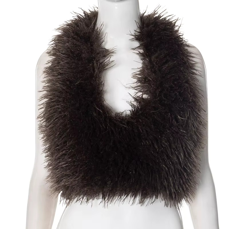 Fluffy Faux Fur Vests For Women Fashion Sexy V-Neck Backless Lace-Up Sleeveless Jackets Crop Top Warm Winter Tank Outerwear Coat