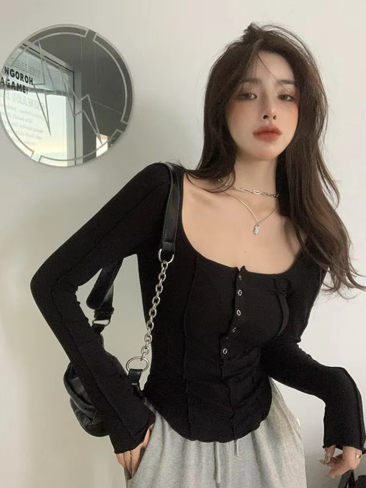 Black And White T-shirt Women's Cotton Button Elastic Slim Fit Long Sleeved 2025 Autumn Top Fashion Korean Designer T-shirt Women's Clothing