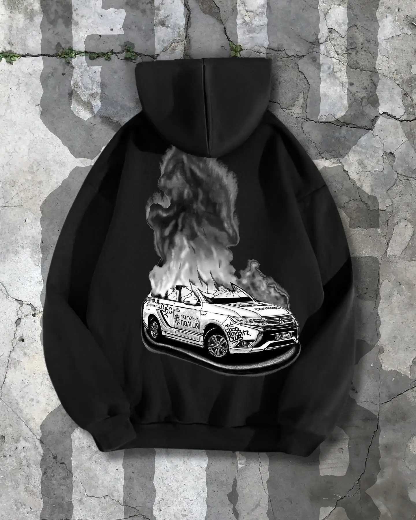Y2K Personalized Car Printed Pattern Black Loose Drawstring Zipper Classic Style Womens Daily Commuter Hoodie W250117
