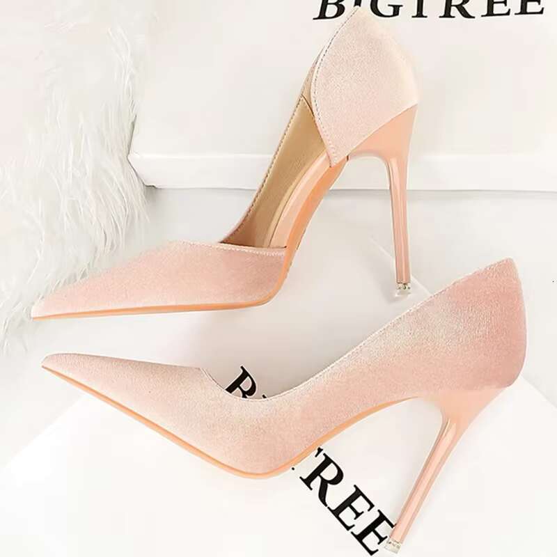 Large Size 43 Women 10.5cm High Veet Pumps Lady Shallow Pointed Toe Elegant Thin Heels Side Hollow Green Purple Shoes