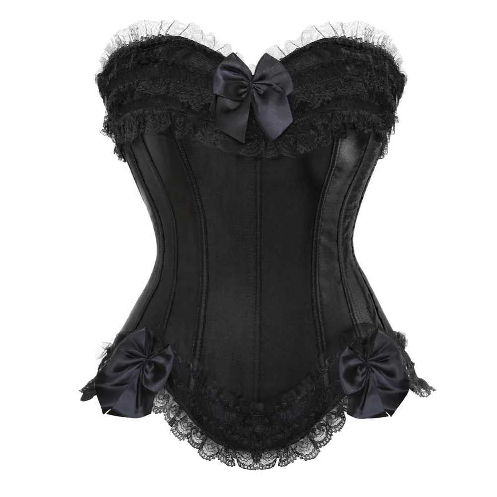 Sexy Satin Overbust Corset Top Lace Bowknot Decorated Clubwear Showgirl Body Shaper Plus Size W250120