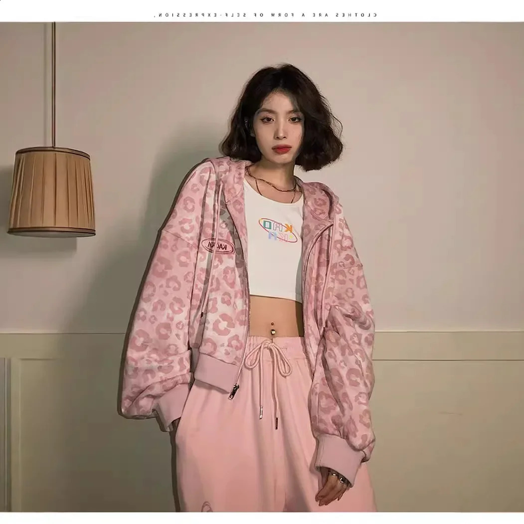 Leopard Print Cardigan Sweater Pink Crop Top Hoodie Ladies Leopard Jacket Loose-Fit Vintage Hooded Sweatshirt Cardigan for Spring/Autumn