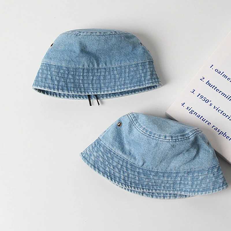 Summer childrens bucket hat boys and girls outdoor childrens sunscreen hat solid color fishing denim cloth hat baby basin beach hat M250121