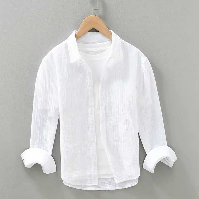 High Quality Mens Casual Crinkled Double Gauze Long Sleeve Shirt For Men Cotton Yarn Soft and Comfortable Breathable Square Neck Shirt T250121