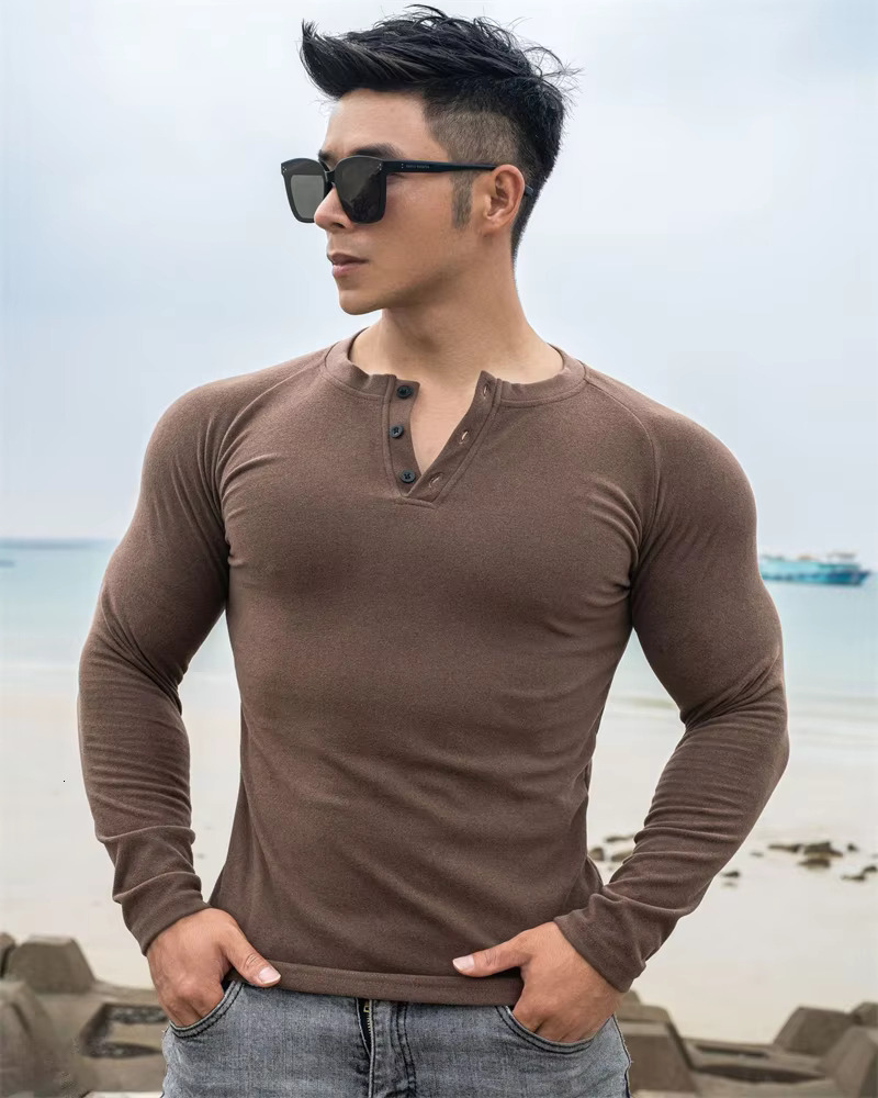 New Outdoor Fashion Designer T-shirt Top Simple And Casual Slim Fit Button Down Elastic Long Sleeved T-shirt For Men