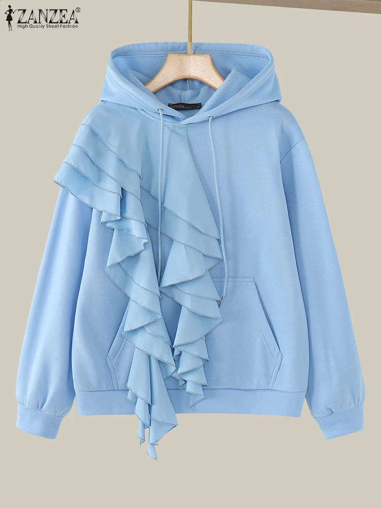 Women Ruffled Edge Sweatshirts 2024 ZANZEA Autumn Solid Pullovers Simple Hooded Collar Jumper Korean Style Long Sleeve Hoodies 250107