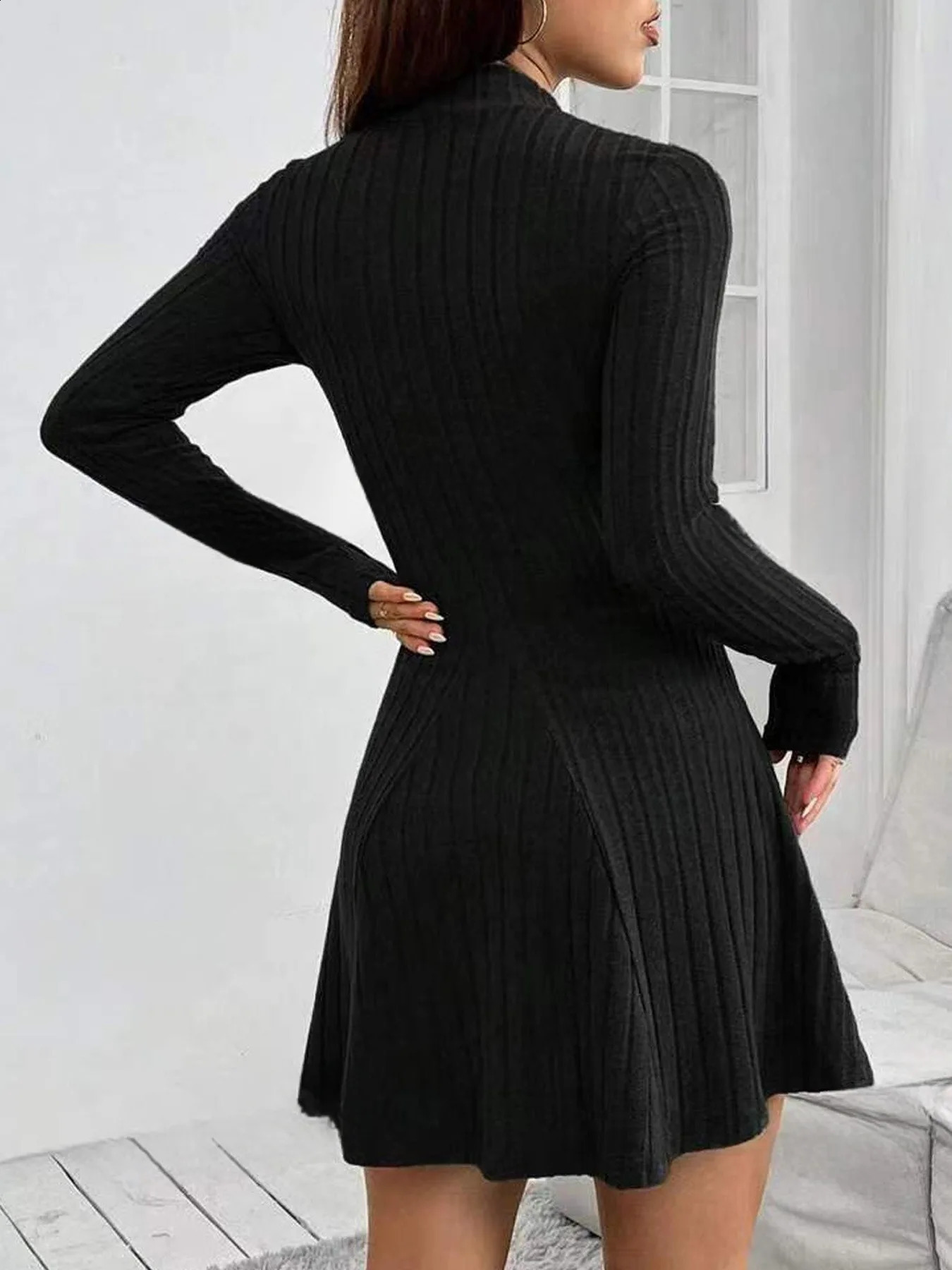Women Autumn Winter Knitted Dress Lady Casual Long Sleeve Half High Collar Mini Dress Versatile Black Dress Woman Youth Dresses 250122