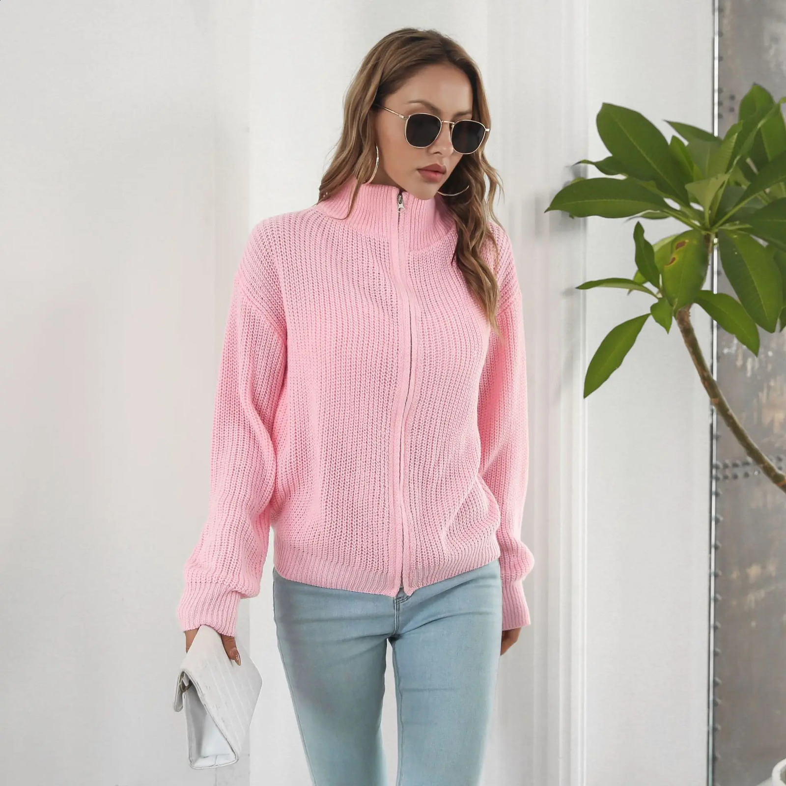 Spring Autumn Womens Coats Solid Color Zipper Ladies Sweaters Casual Loose Female Knitted Cardigans Knitwears 250120wtt