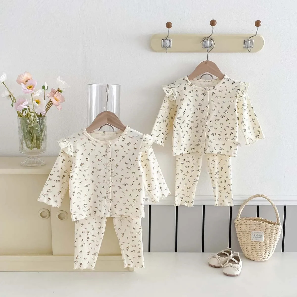 Winter in Kids Baby Girls Floral Pure Cotton Household Clothes toddler Infant Fly Sleeve Top Shirtspants Pajamas Set 250117