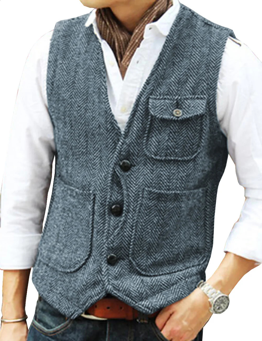 Vest Mens Casual Tooling Formal Herringbone Tweed Brown V Neck Wool Waistcoat Business Groomsman For Wedding Prom 250114