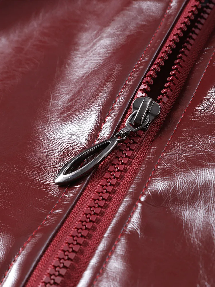 Vintage Burgundy Leather Bomber Jacket Women Chic Lantern Sleeves Zippers Crop PU Female Coat 2025 Loose Ladies Streetwear 250122