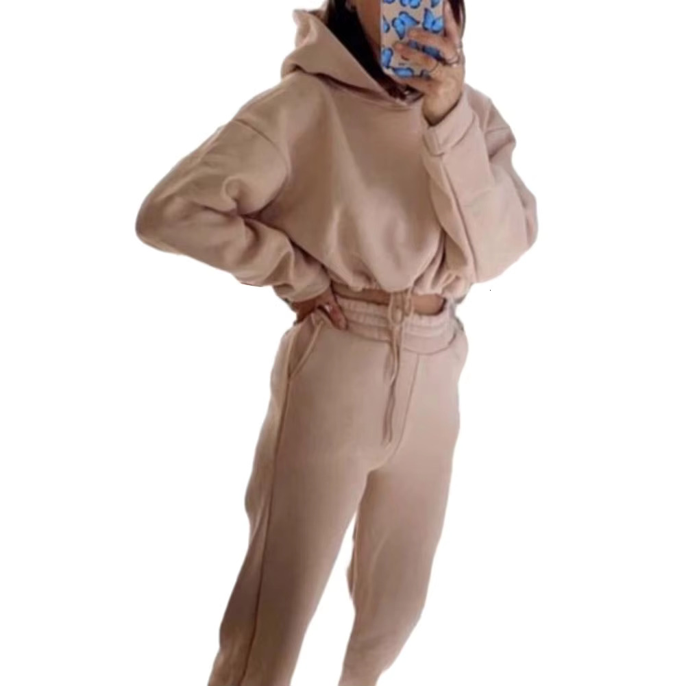 2Pcs/Set Women Tracksuit Sports 2 Pieces Hooded Long Sleeve Cropped Sweatshirt Jogger Pants Set Sweatpants Outfit