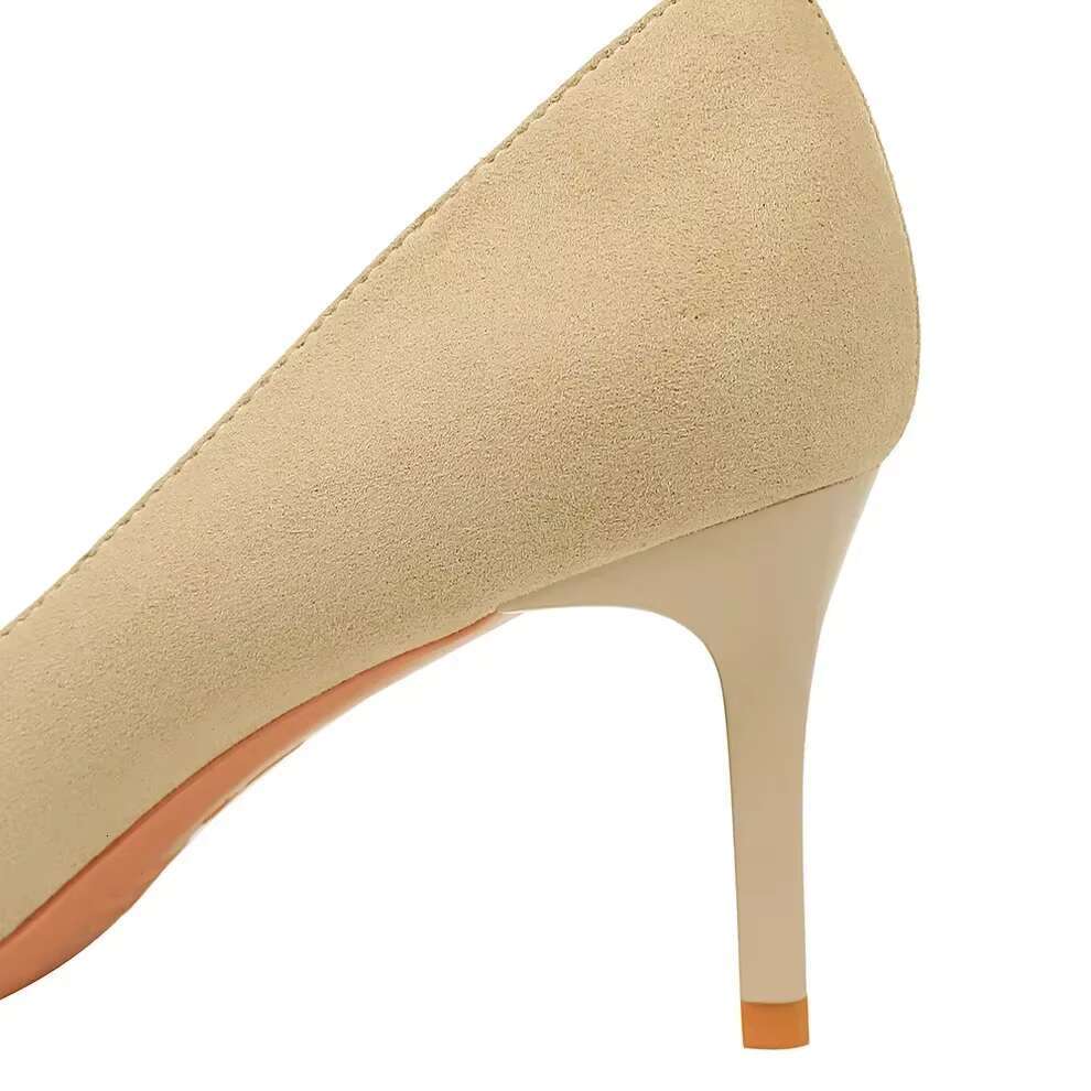 Women 7cm 11cm High Side Hollow Daily Temperament Shoes Lady Pearl Metal Chain Stilettos Banquet Mid Low Heels Suede Pumps