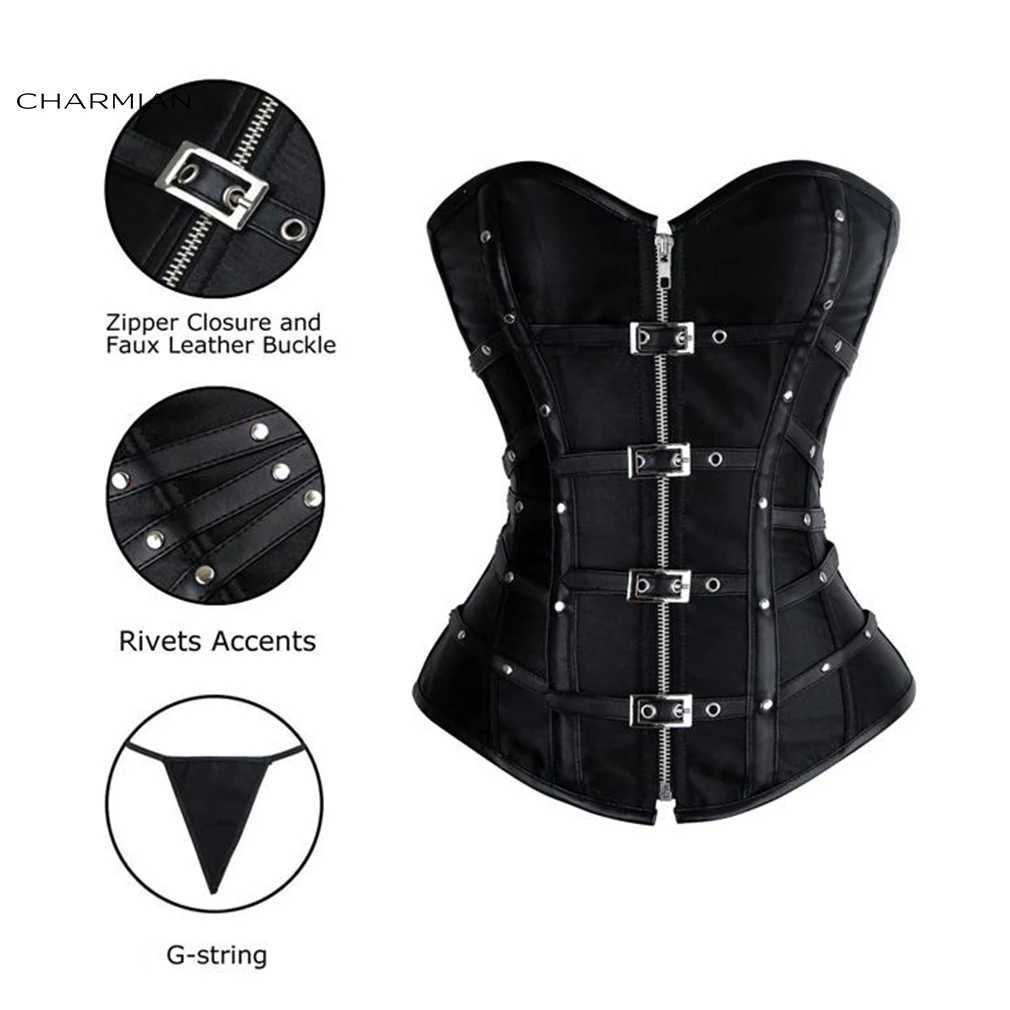 Charmian Steampunk Leather Corset Womens Sexy Gothic Satin Riveted Buckle Zipper Wrapped Armored Corset Plus Size Corset W250120