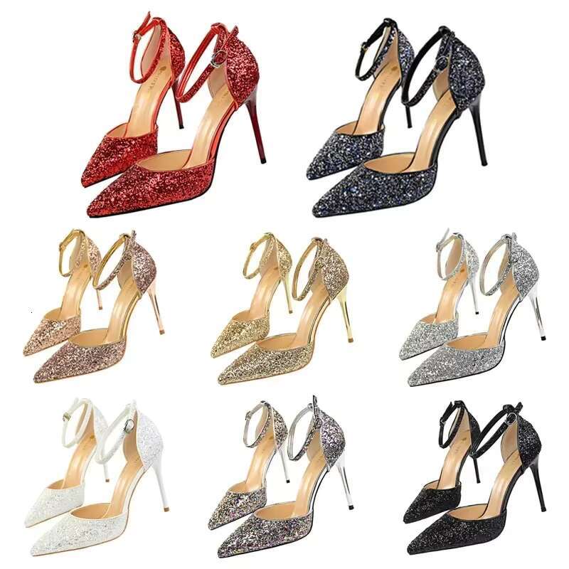 Women Glitter Sequin Fetish Ankle Strap 9.5cm High Heels Sandals Lady Party Gold Red Stiletto Wedding Bridal Dress Pumps