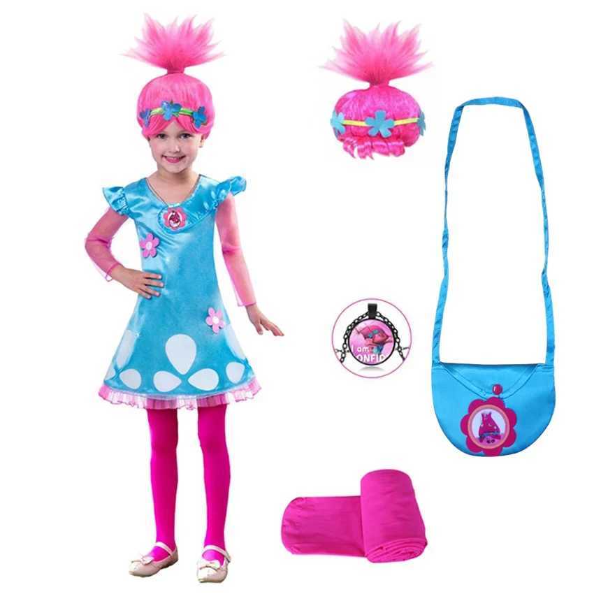 Girl Trolls Dress for Kid Poppy Halloween Costs for Kids Skirt Festival Masquerade Fancy Dress Girl Wig Disguise W250117