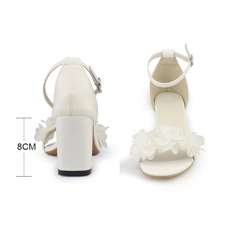 White Women Heels Flower Sandals Summer Wedding Shoes Bride Black Thick Party Fashion Open Toe Pumps 250118