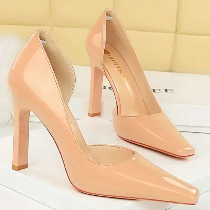 Women 11cm Super High Heels Square Toe Side Hollow Office Pumps Lady Red Nude Glossy Patent Leather Concise Holiday Dress Shoes