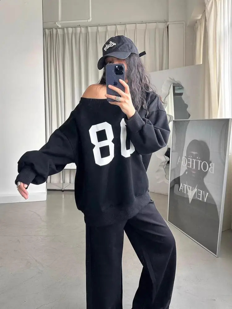 Tawaaiw American Retro Y2k Graphic Hoodie Long Sleeve Off Shoulder Korean Fashion Loose Harajuku Womens Sweatshirts Autumn Tops 250110