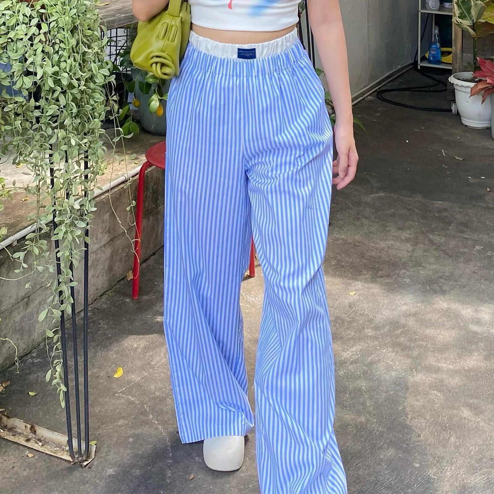 Combhasaki Womens Y2K Aesthetic Striped Long Trousers Letter Sign High Elastic Button Double Waist Wide Leg Pants with Pockets 250113