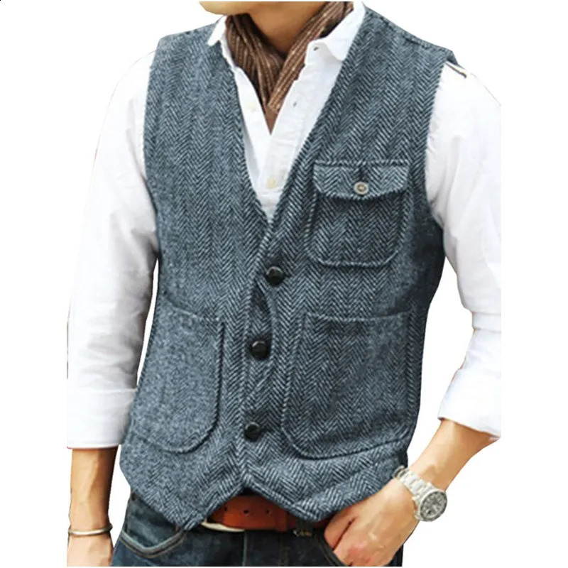 Vest Mens Casual Tooling Formal Herringbone Tweed Brown V Neck Wool Waistcoat Business Groomsman For Wedding Prom 250114