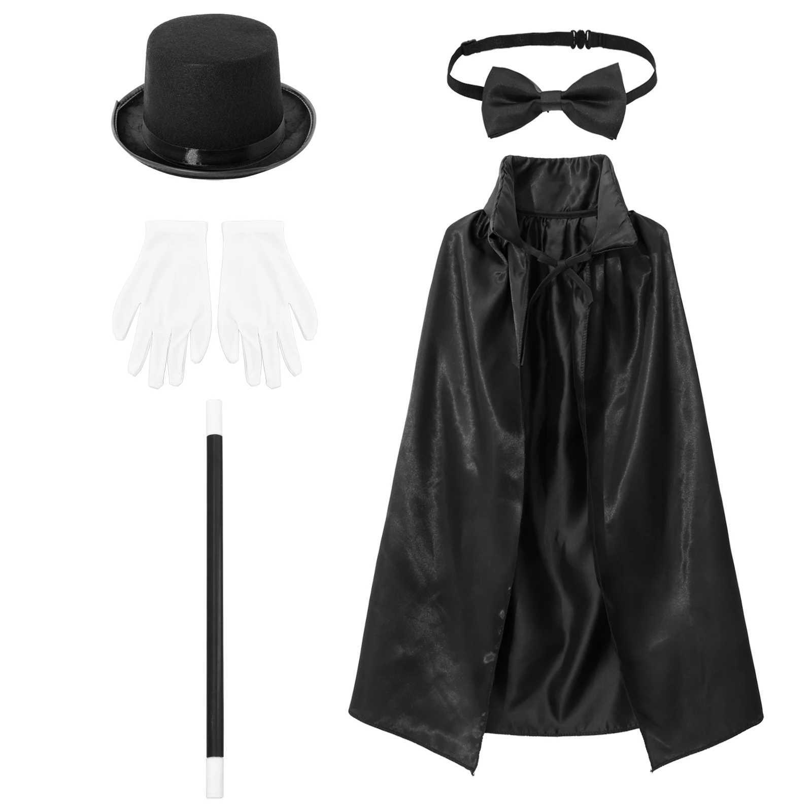 Kids Magician Wizard Cosplay Costume Boys Girls Cape Hat Magic Wand Gloves Necktie Set Halloween Theme Party Roleplay Outfits W250117
