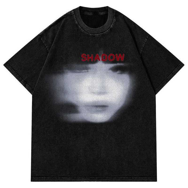 Gothic 2024 mens washed black Harajuku streetwear facial aesthetic graphic T-shirt cotton retro T-shirt Hipster top unisex Y2K W250117