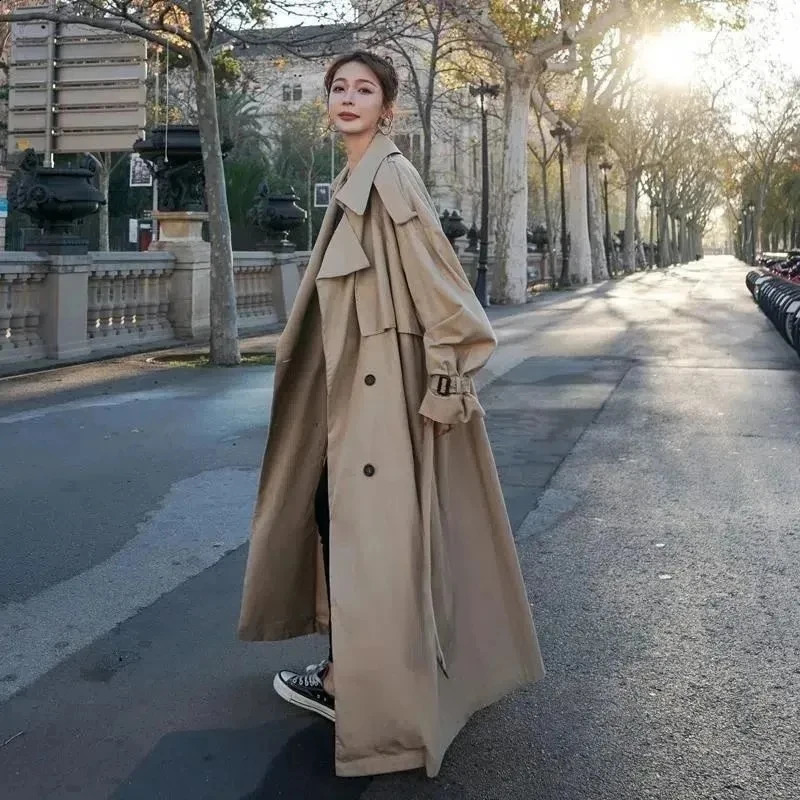 Trench Coat womens long British style spring/summer Korean loose windproof jacket womens warm over the knee jacket 250118