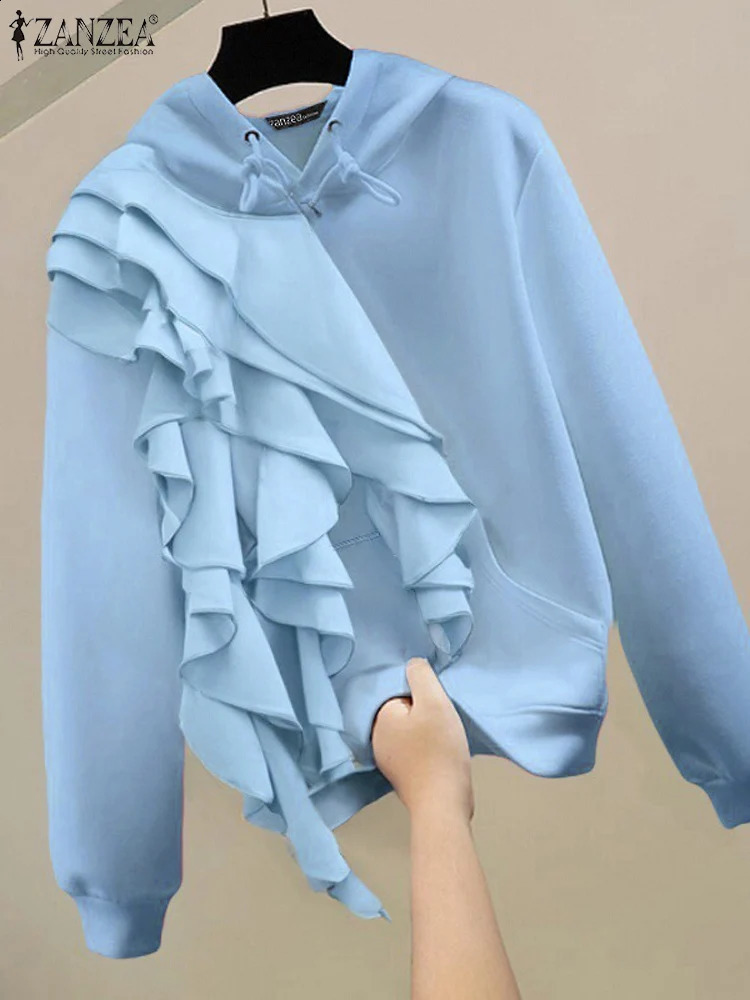 Women Ruffled Edge Sweatshirts 2024 ZANZEA Autumn Solid Pullovers Simple Hooded Collar Jumper Korean Style Long Sleeve Hoodies 250107