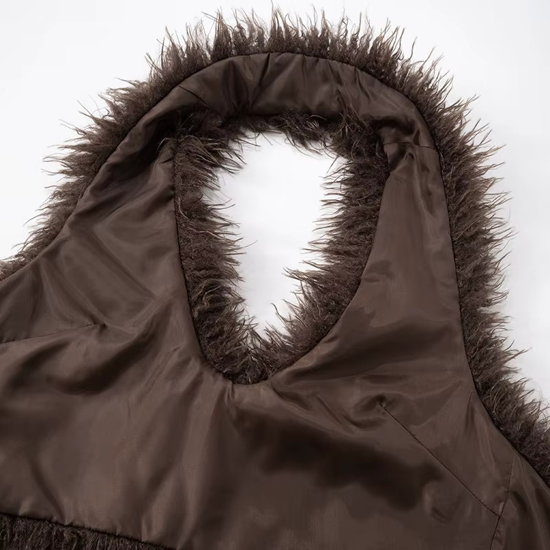 Fluffy Faux Fur Vests For Women Fashion Sexy V-Neck Backless Lace-Up Sleeveless Jackets Crop Top Warm Winter Tank Outerwear Coat