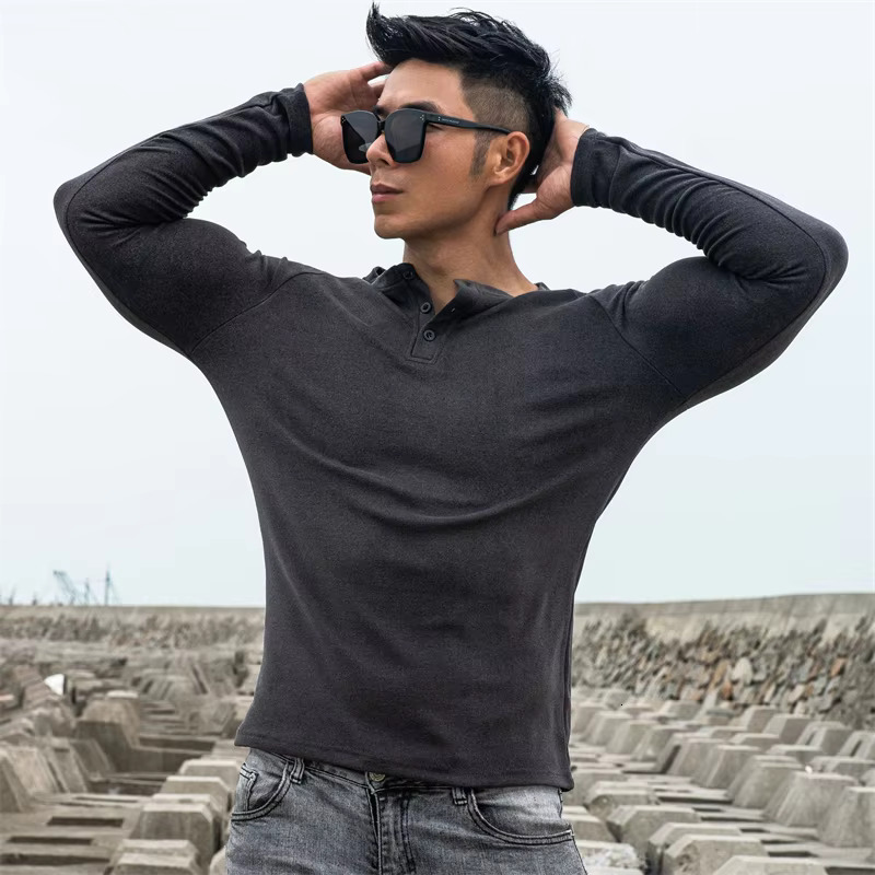 New Outdoor Fashion Designer T-shirt Top Simple And Casual Slim Fit Button Down Elastic Long Sleeved T-shirt For Men