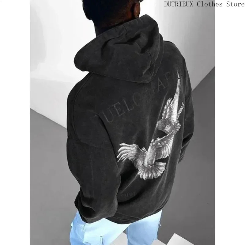 Autumn Oversized Loose Black Mens Hoodie Fashion Eagle Print Large Size Hoodie Pure Cotton Soft Fitness Running Men Sweatshirt 250117