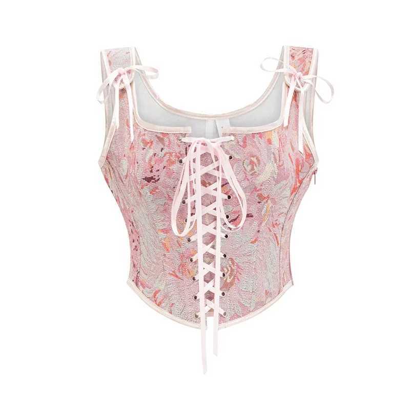 Sexy womens floral print retro vest tight corset shapewear lace shoulder straps Gothic bust cut top W250120